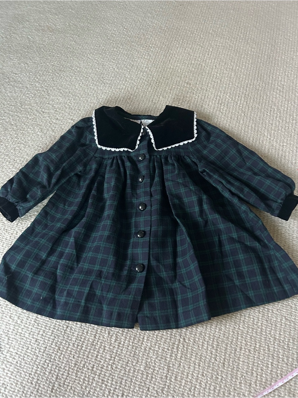 Plaid Green & Black Kids Dress with Velvet Peter Pan Collar